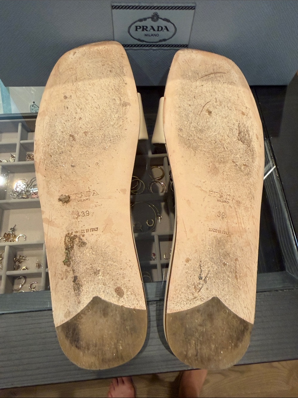 Prada Beige Leather Slide Mules with Triangle Logo - Picture 4 of 7